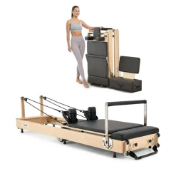 VEVOR Foldable Pilates Reformer, Wooden Pilates Workout Machine for Home Gym Studio Use, Pilates Bed with Dual Resistance- Spring & Cord, Reformer Set with Sitting Box, Up to 400 LBS