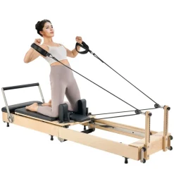 VEVOR Foldable Pilates Reformer, Wooden Pilates Workout Machine for Home Gym Studio Use, Pilates Bed with Dual Resistance- Spring & Cord, Reformer Set with Sitting Box, Up to 400 LBS