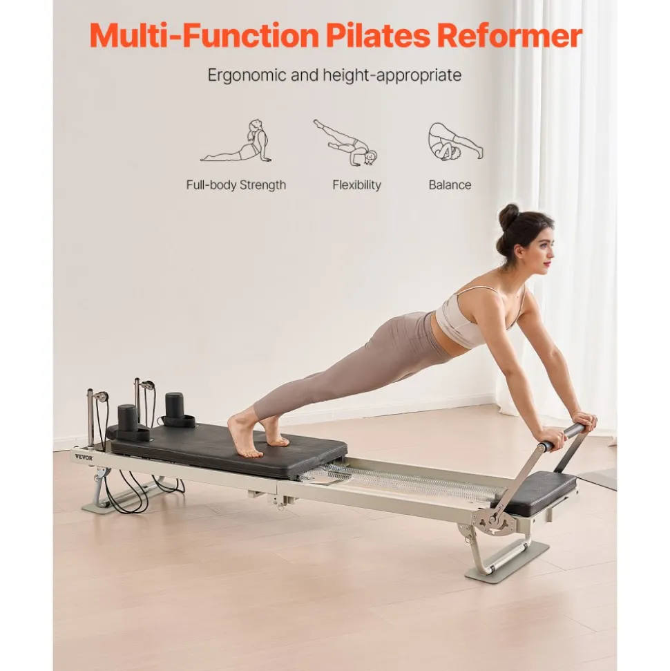 VEVOR Foldable Pilates Reformer, Pilates Workout Machine for Home Gym Studio Use, Pilates Bed with Dual Resistance- Spring & Cord, Reformer Set for Advanced Users and Beginners, Up to 400 LBS
