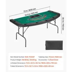 VEVOR Foldable Poker Table, 7 Player 72 in Folding Casino Leisure Table with Padded Rails & Cup Holders, Semi-oval Portable Game Tables with Felt & Metal Legs, for Texas Hold'em Game and Blackjack