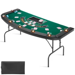 VEVOR Foldable Poker Table, 7 Player 72 in Folding Casino Leisure Table with Padded Rails & Cup Holders, Semi-oval Portable Game Tables with Felt & Metal Legs, for Texas Hold'em Game and Blackjack