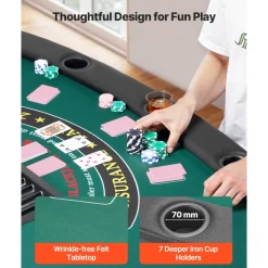 VEVOR Foldable Poker Table, 7 Player 72 in Folding Casino Leisure Table with Padded Rails & Cup Holders, Semi-oval Portable Game Tables with Felt & Metal Legs, for Texas Hold'em Game and Blackjack
