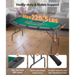 VEVOR Foldable Poker Table, 7 Player 72 in Folding Casino Leisure Table with Padded Rails & Cup Holders, Semi-oval Portable Game Tables with Felt & Metal Legs, for Texas Hold'em Game and Blackjack