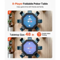 VEVOR Foldable Poker Table, 8 Player 48 in Folding Casino Leisure Table with Padded Rails & Cup Holders, Octagonal Portable Game Tables with Felt & Metal Legs, for Texas Hold'em Game and Blackjack