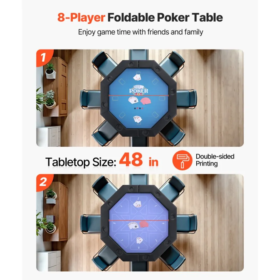 VEVOR Foldable Poker Table, 8 Player 48 in Folding Casino Leisure Table with Padded Rails & Cup Holders, Octagonal Portable Game Tables with Felt & Metal Legs, for Texas Hold'em Game and Blackjack