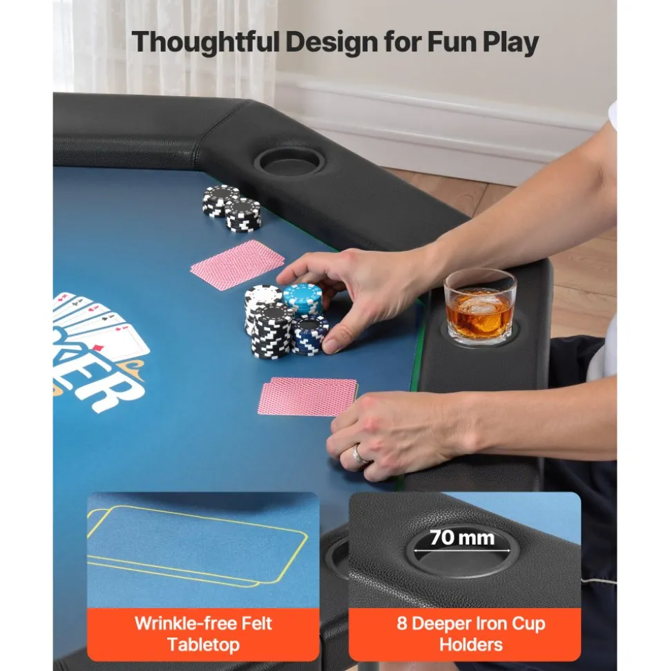 VEVOR Foldable Poker Table, 8 Player 48 in Folding Casino Leisure Table with Padded Rails & Cup Holders, Octagonal Portable Game Tables with Felt & Metal Legs, for Texas Hold'em Game and Blackjack
