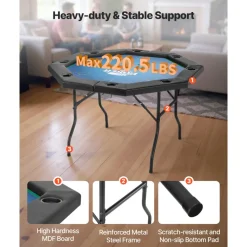 VEVOR Foldable Poker Table, 8 Player 48 in Folding Casino Leisure Table with Padded Rails & Cup Holders, Octagonal Portable Game Tables with Felt & Metal Legs, for Texas Hold'em Game and Blackjack