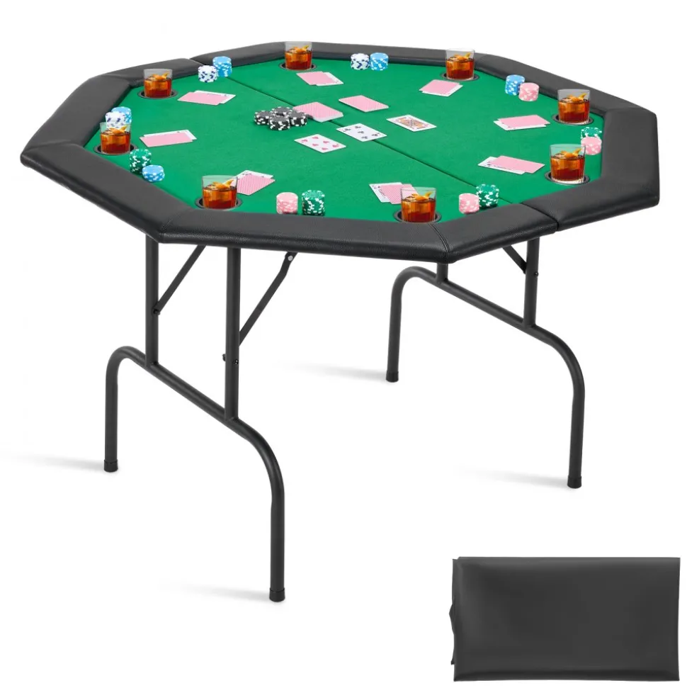 VEVOR Foldable Poker Table, 8 Player 48 in Folding Casino Leisure Table with Padded Rails & Cup Holders, Octagonal Portable Game Tables with Felt & Metal Legs, for Texas Hold'em Game and Blackjack
