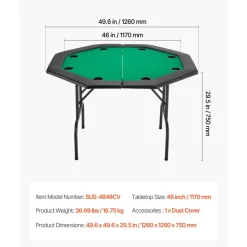 VEVOR Foldable Poker Table, 8 Player 48 in Folding Casino Leisure Table with Padded Rails & Cup Holders, Octagonal Portable Game Tables with Felt & Metal Legs, for Texas Hold'em Game and Blackjack