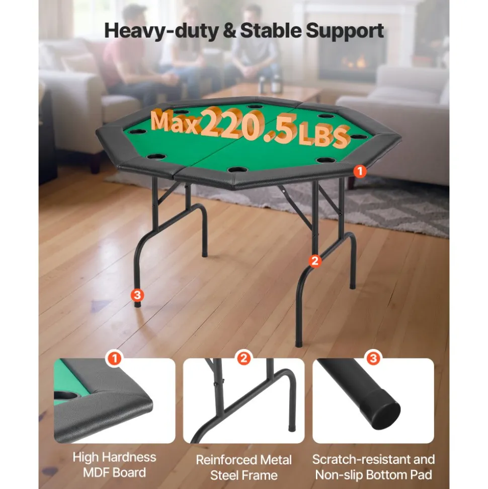 VEVOR Foldable Poker Table, 8 Player 48 in Folding Casino Leisure Table with Padded Rails & Cup Holders, Octagonal Portable Game Tables with Felt & Metal Legs, for Texas Hold'em Game and Blackjack