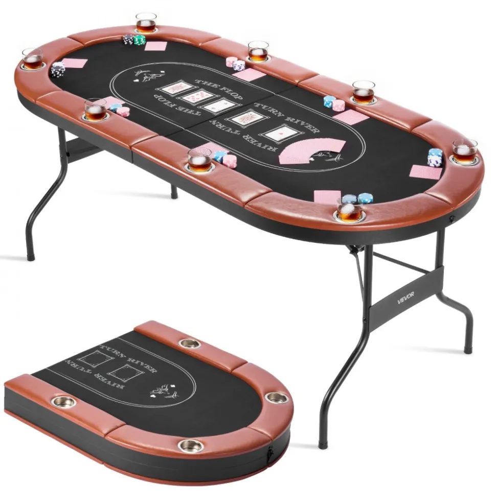 VEVOR Foldable Poker Table, 8 Player 72 in Folding Casino Leisure Table with Padded Rails and Cup Holders, Oval Portable Game Tables with Felt & Metal Legs, for Texas Hold'em Game and Blackjack