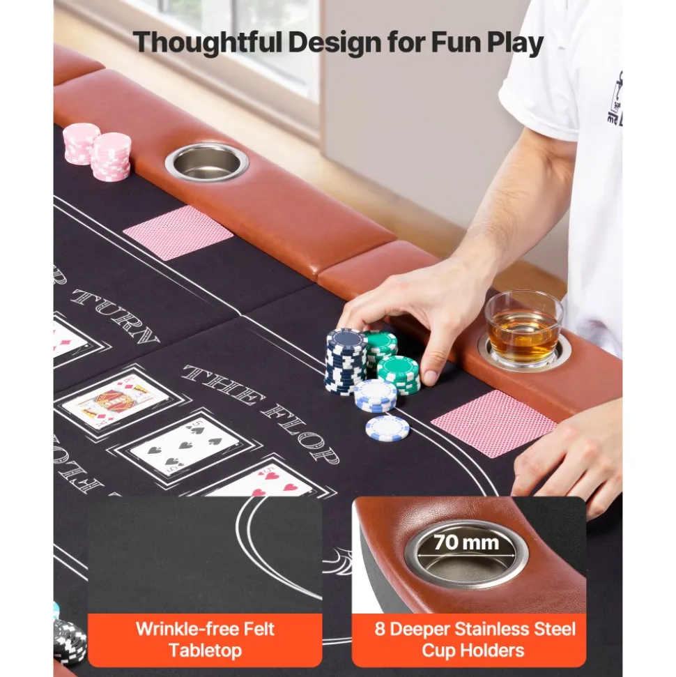 VEVOR Foldable Poker Table, 8 Player 72 in Folding Casino Leisure Table with Padded Rails and Cup Holders, Oval Portable Game Tables with Felt & Metal Legs, for Texas Hold'em Game and Blackjack
