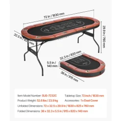 VEVOR Foldable Poker Table, 8 Player 72 in Folding Casino Leisure Table with Padded Rails and Cup Holders, Oval Portable Game Tables with Felt & Metal Legs, for Texas Hold'em Game and Blackjack