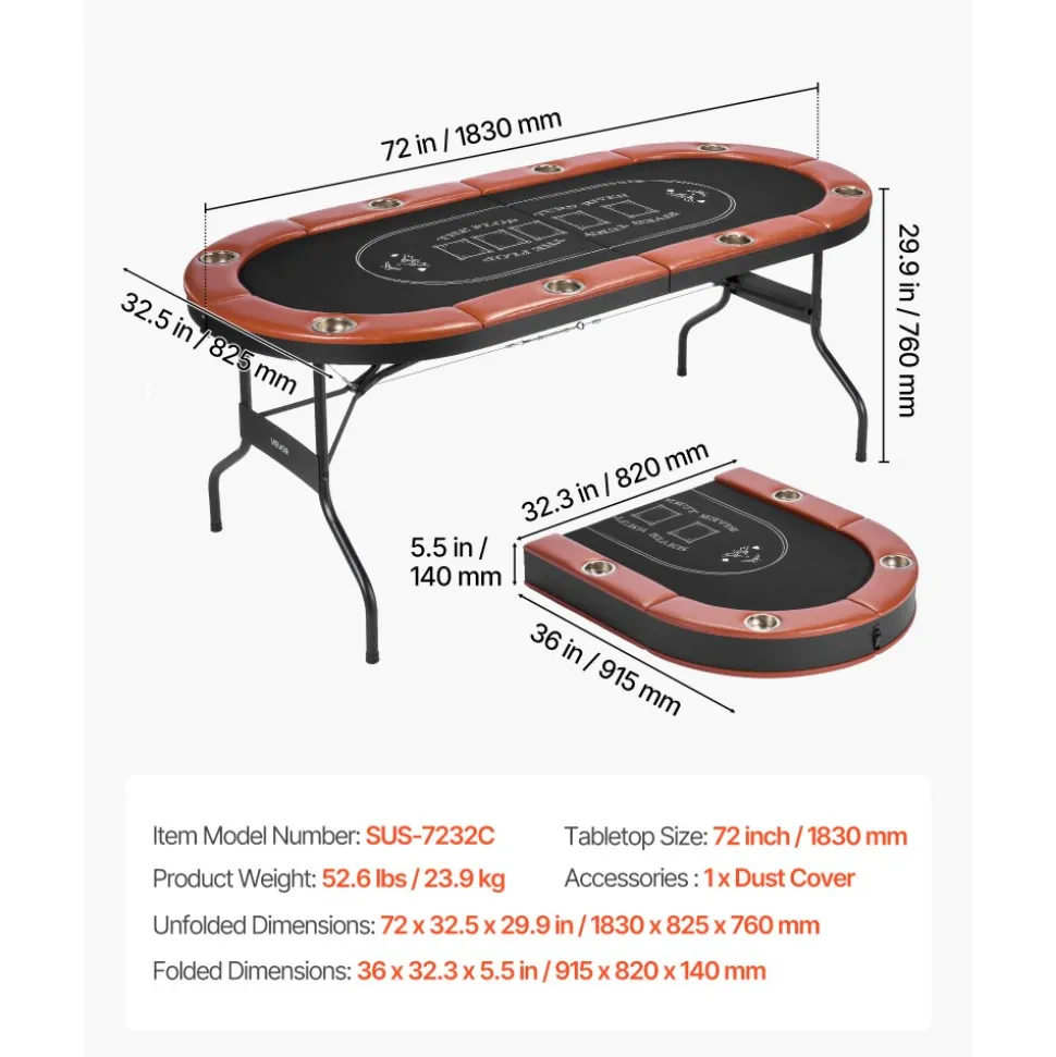 VEVOR Foldable Poker Table, 8 Player 72 in Folding Casino Leisure Table with Padded Rails and Cup Holders, Oval Portable Game Tables with Felt & Metal Legs, for Texas Hold'em Game and Blackjack