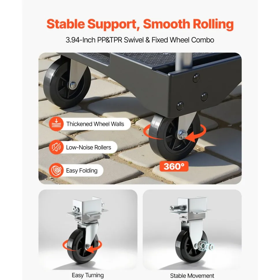 VEVOR Foldable Push Cart Dolly, 330 lbs Capacity, Folding Platform Truck with Swivel Wheels, Moving Platform Hand Truck Flatbed Cart, Adjustable Push Handle, for Easy Storage, 26.8 x 19.5 x 4.5 in