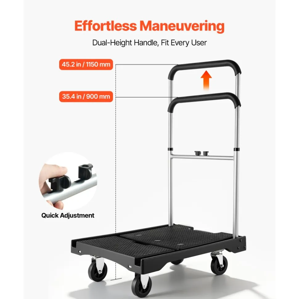 VEVOR Foldable Push Cart Dolly, 330 lbs Capacity, Folding Platform Truck with Swivel Wheels, Moving Platform Hand Truck Flatbed Cart, Adjustable Push Handle, for Easy Storage, 26.8 x 19.5 x 4.5 in