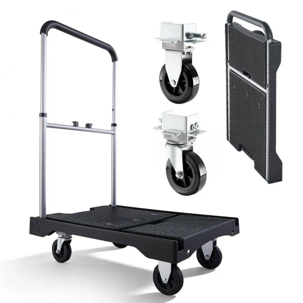 VEVOR Foldable Push Cart Dolly, 330 lbs Capacity, Folding Platform Truck with Swivel Wheels, Moving Platform Hand Truck Flatbed Cart, Adjustable Push Handle, for Easy Storage, 26.8 x 19.5 x 4.5 in