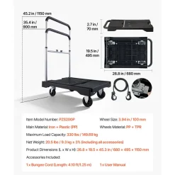 VEVOR Foldable Push Cart Dolly, 330 lbs Capacity, Folding Platform Truck with Swivel Wheels, Moving Platform Hand Truck Flatbed Cart, Adjustable Push Handle, for Easy Storage, 26.8 x 19.5 x 4.5 in
