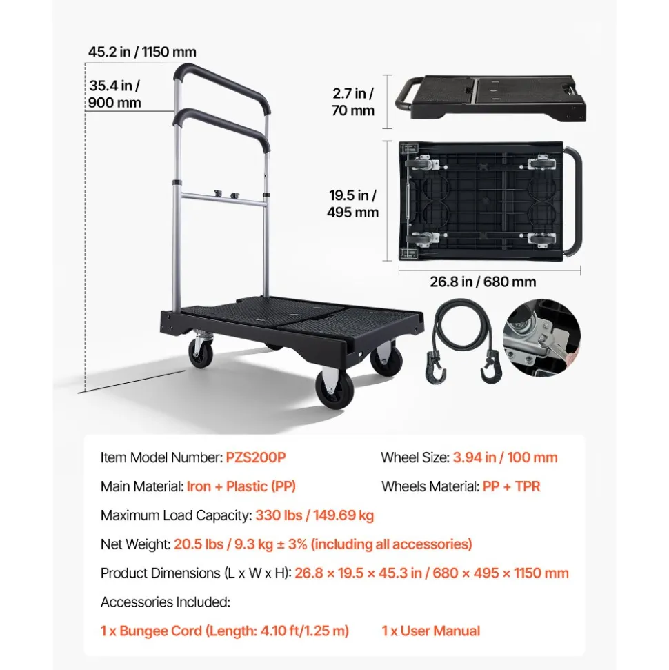 VEVOR Foldable Push Cart Dolly, 330 lbs Capacity, Folding Platform Truck with Swivel Wheels, Moving Platform Hand Truck Flatbed Cart, Adjustable Push Handle, for Easy Storage, 26.8 x 19.5 x 4.5 in