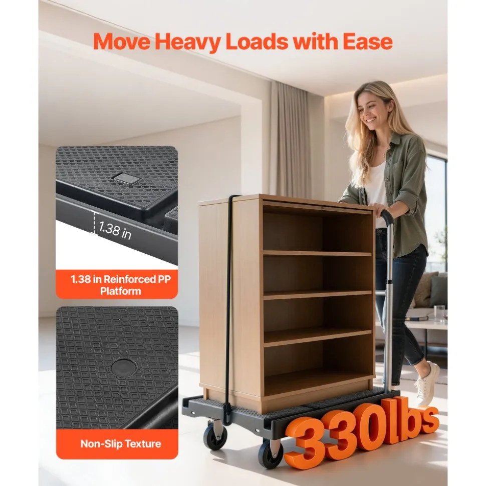 VEVOR Foldable Push Cart Dolly, 330 lbs Capacity, Folding Platform Truck with Swivel Wheels, Moving Platform Hand Truck Flatbed Cart, Adjustable Push Handle, for Easy Storage, 26.8 x 19.5 x 4.5 in