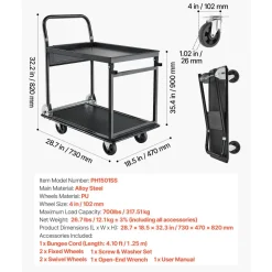 VEVOR Foldable Push Cart Dolly, 700 lbs, Heavy Duty Platform Hand Truck with Wheels, High-Strength Steel, 2 Tier Moving Flatbed Cart, for Warehouse, Garage, Workshop, Office, 28.7 x 18.5 x 32.3 in