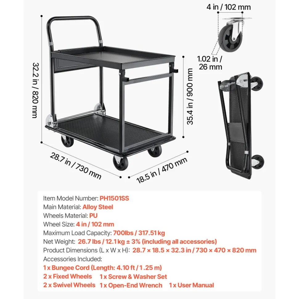 VEVOR Foldable Push Cart Dolly, 700 lbs, Heavy Duty Platform Hand Truck with Wheels, High-Strength Steel, 2 Tier Moving Flatbed Cart, for Warehouse, Garage, Workshop, Office, 28.7 x 18.5 x 32.3 in