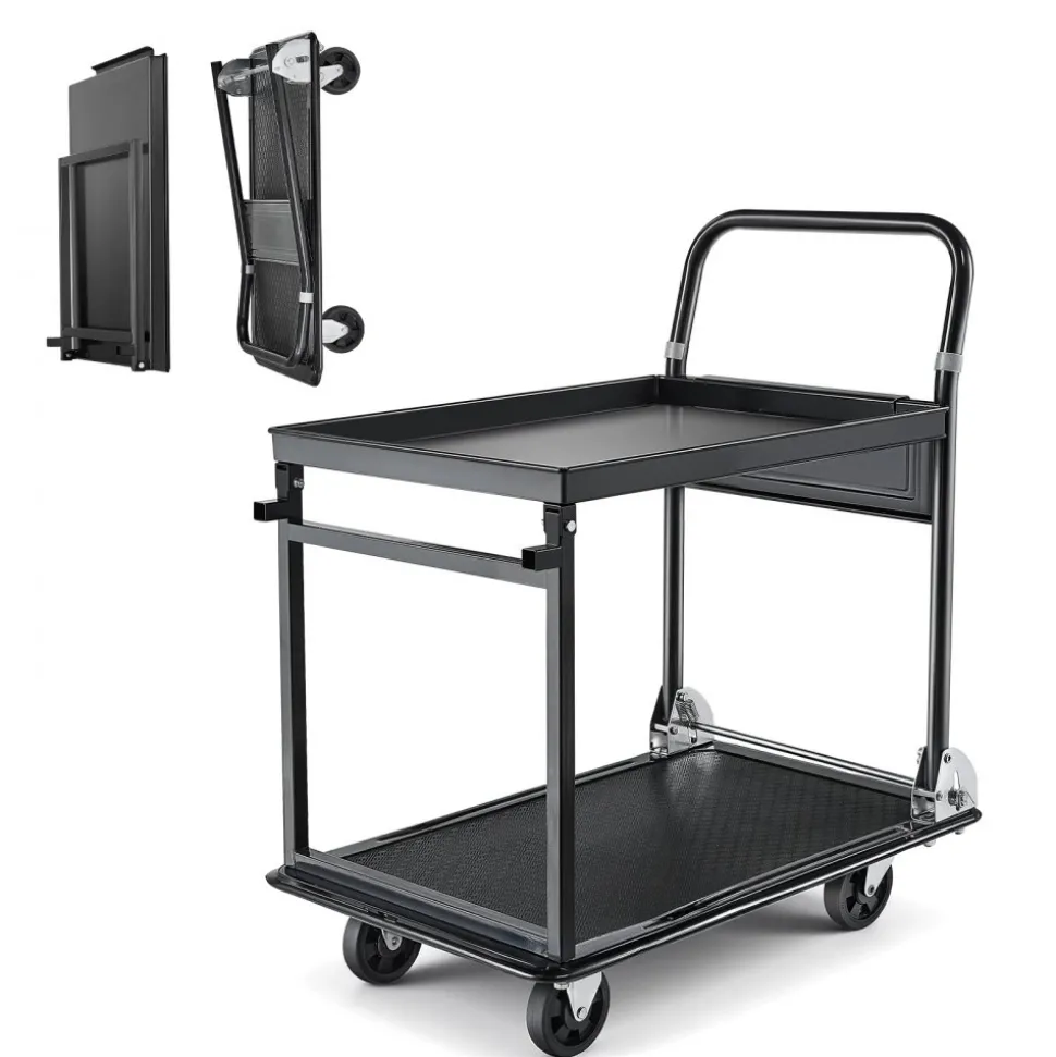 VEVOR Foldable Push Cart Dolly, 700 lbs, Heavy Duty Platform Hand Truck with Wheels, High-Strength Steel, 2 Tier Moving Flatbed Cart, for Warehouse, Garage, Workshop, Office, 28.7 x 18.5 x 32.3 in