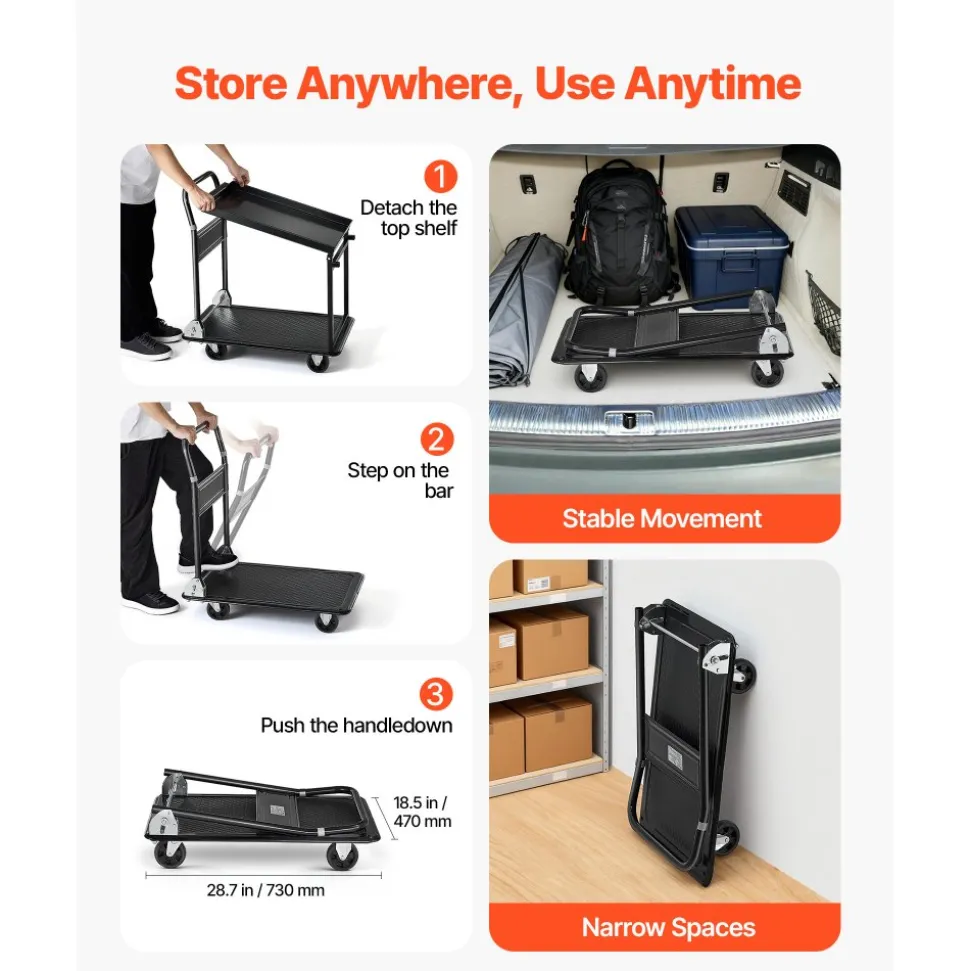 VEVOR Foldable Push Cart Dolly, 700 lbs, Heavy Duty Platform Hand Truck with Wheels, High-Strength Steel, 2 Tier Moving Flatbed Cart, for Warehouse, Garage, Workshop, Office, 28.7 x 18.5 x 32.3 in