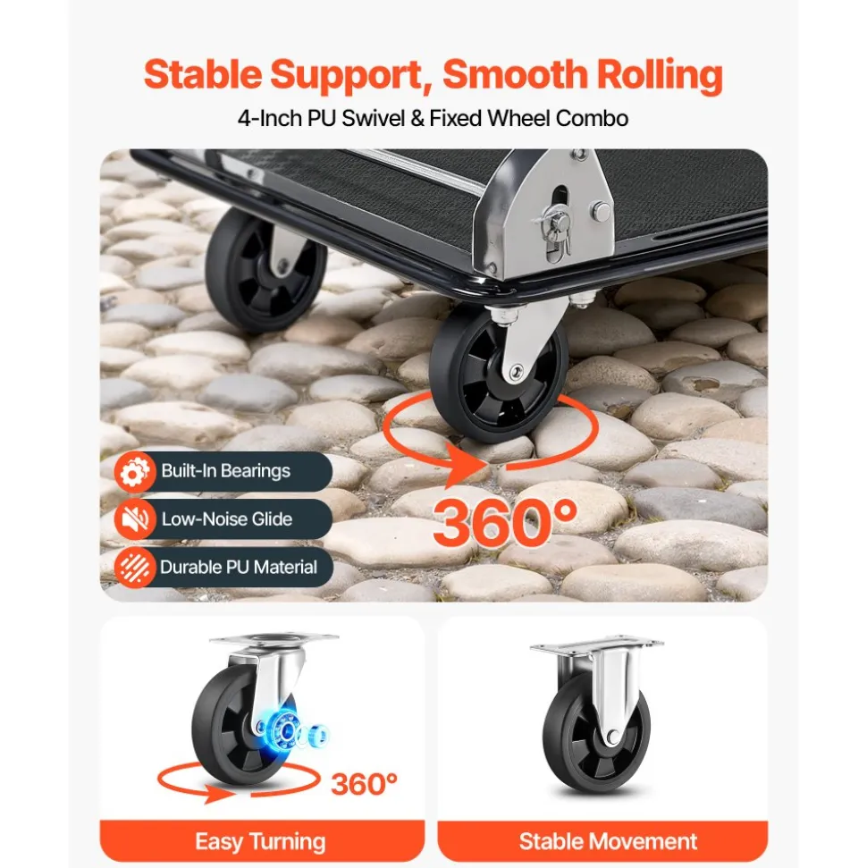 VEVOR Foldable Push Cart Dolly, 700 lbs, Heavy Duty Platform Hand Truck with Wheels, High-Strength Steel, 2 Tier Moving Flatbed Cart, for Warehouse, Garage, Workshop, Office, 28.7 x 18.5 x 32.3 in