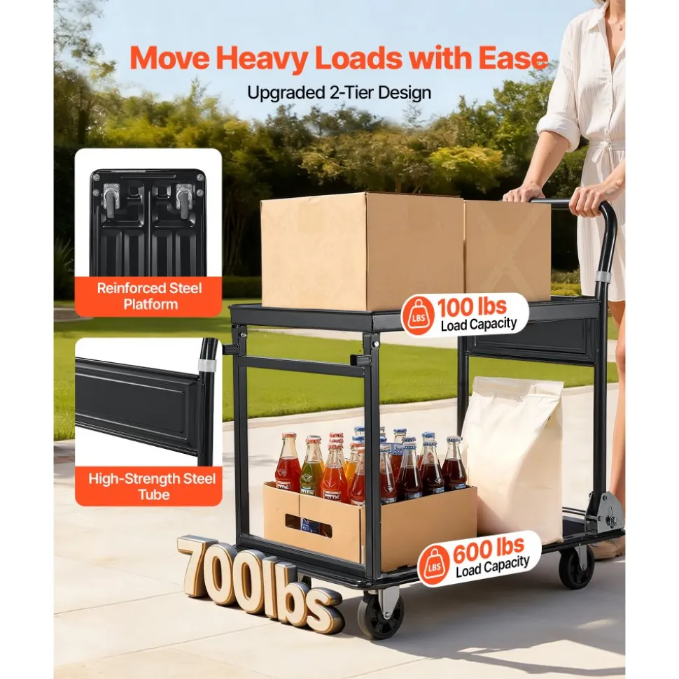 VEVOR Foldable Push Cart Dolly, 700 lbs, Heavy Duty Platform Hand Truck with Wheels, High-Strength Steel, 2 Tier Moving Flatbed Cart, for Warehouse, Garage, Workshop, Office, 28.7 x 18.5 x 32.3 in