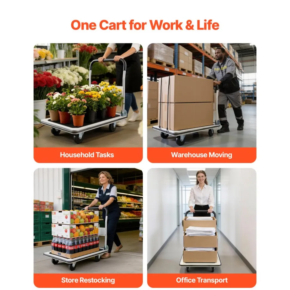VEVOR Foldable Push Cart Dolly, 660 lbs Load Capacity, Folding Platform Truck with Swivel Wheels, Moving Platform Hand Truck Flatbed Cart, Space Saving Push Handle, for Easy Storage, 35.4 x 34.3 x 24 in