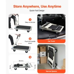 VEVOR Foldable Push Cart Dolly, 660 lbs Load Capacity, Folding Platform Truck with Swivel Wheels, Moving Platform Hand Truck Flatbed Cart, Space Saving Push Handle, for Easy Storage, 35.4 x 34.3 x 24 in