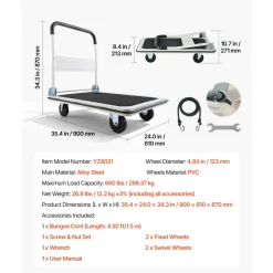 VEVOR Foldable Push Cart Dolly, 660 lbs Load Capacity, Folding Platform Truck with Swivel Wheels, Moving Platform Hand Truck Flatbed Cart, Space Saving Push Handle, for Easy Storage, 35.4 x 34.3 x 24 in