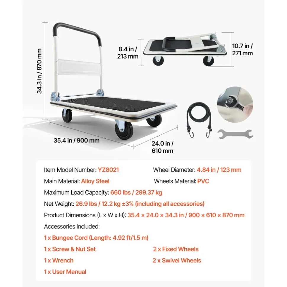 VEVOR Foldable Push Cart Dolly, 660 lbs Load Capacity, Folding Platform Truck with Swivel Wheels, Moving Platform Hand Truck Flatbed Cart, Space Saving Push Handle, for Easy Storage, 35.4 x 34.3 x 24 in