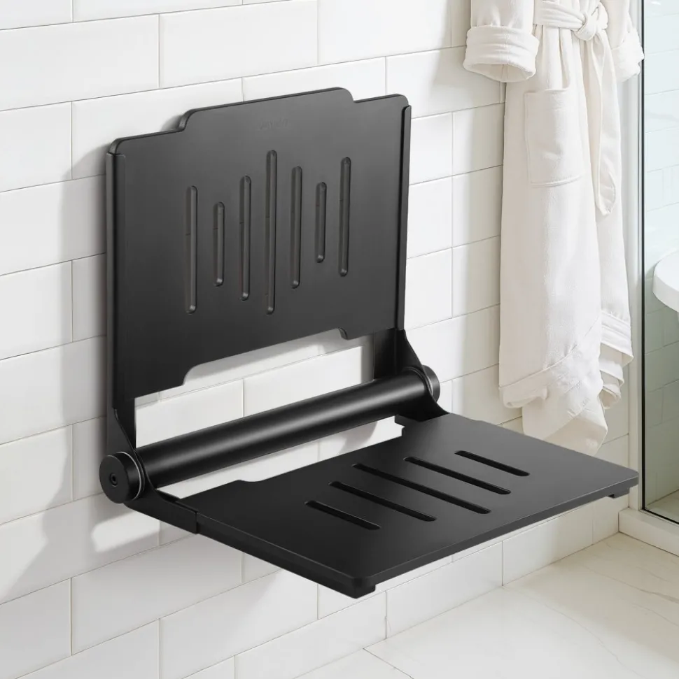 VEVOR Foldable Shower Seat Wall Mounted, 17.8" Folding Shower Bench with Supportive Backrest, Plastic Fold-Down Bathroom Corridor Seat with Stainless Steel Frame for Adults Seniors, 400LBS Loading