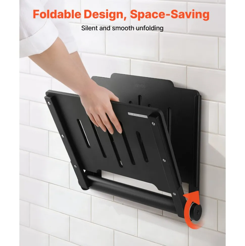 VEVOR Foldable Shower Seat Wall Mounted, 17.8" Folding Shower Bench with Supportive Backrest, Plastic Fold-Down Bathroom Corridor Seat with Stainless Steel Frame for Adults Seniors, 400LBS Loading