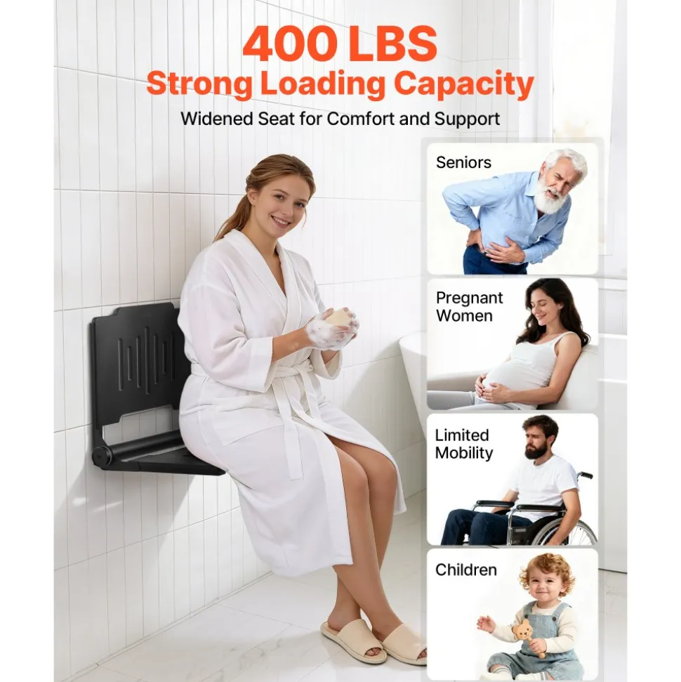 VEVOR Foldable Shower Seat Wall Mounted, 17.8" Folding Shower Bench with Supportive Backrest, Plastic Fold-Down Bathroom Corridor Seat with Stainless Steel Frame for Adults Seniors, 400LBS Loading