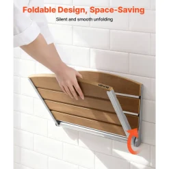 VEVOR Foldable Shower Seat Wall Mounted, 17.7" Folding Shower Bench with Supportive Backrest, Fold-Down Bathroom Corridor Seat with Stainless Steel Frame for Adults Seniors, 400LBS Loading