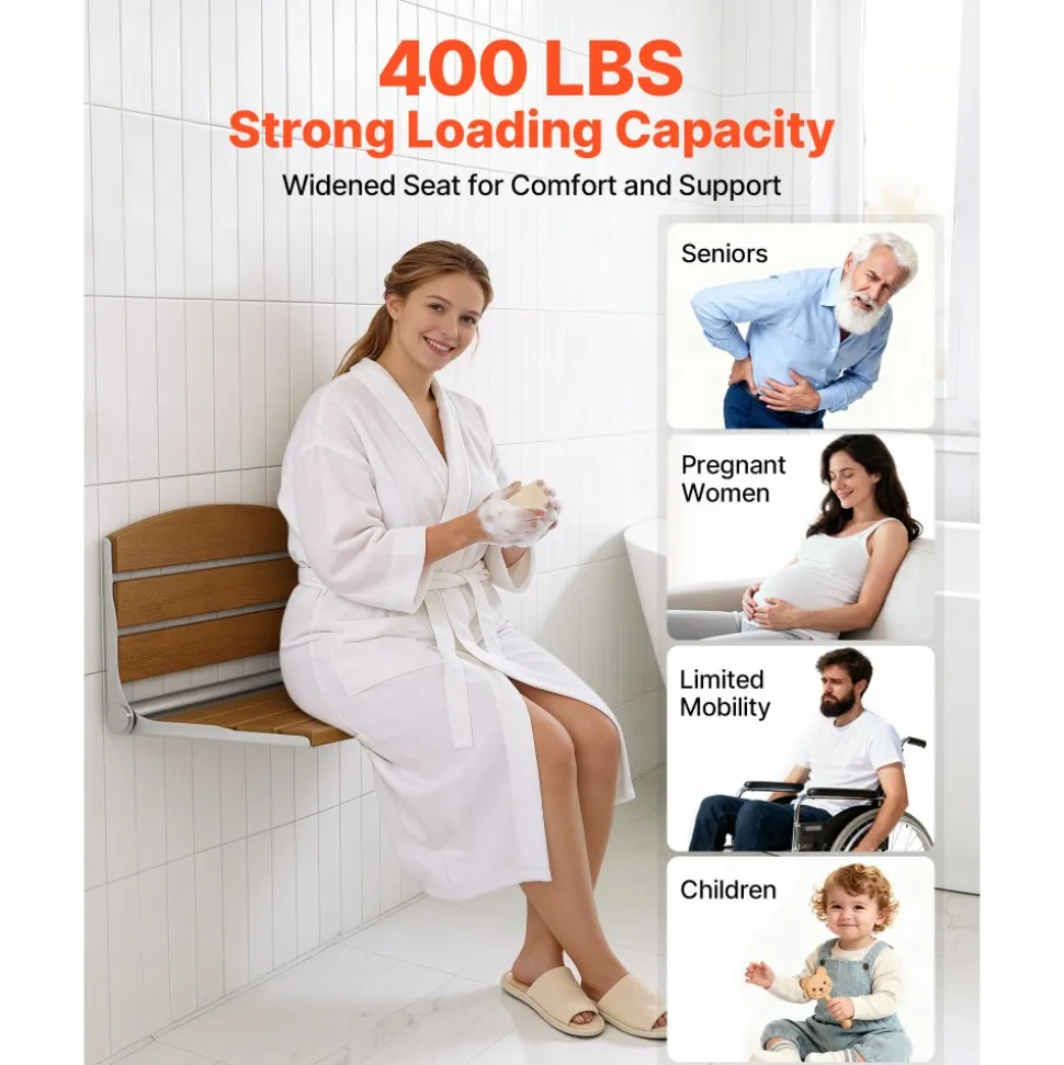 VEVOR Foldable Shower Seat Wall Mounted, 17.7" Folding Shower Bench with Supportive Backrest, Fold-Down Bathroom Corridor Seat with Stainless Steel Frame for Adults Seniors, 400LBS Loading