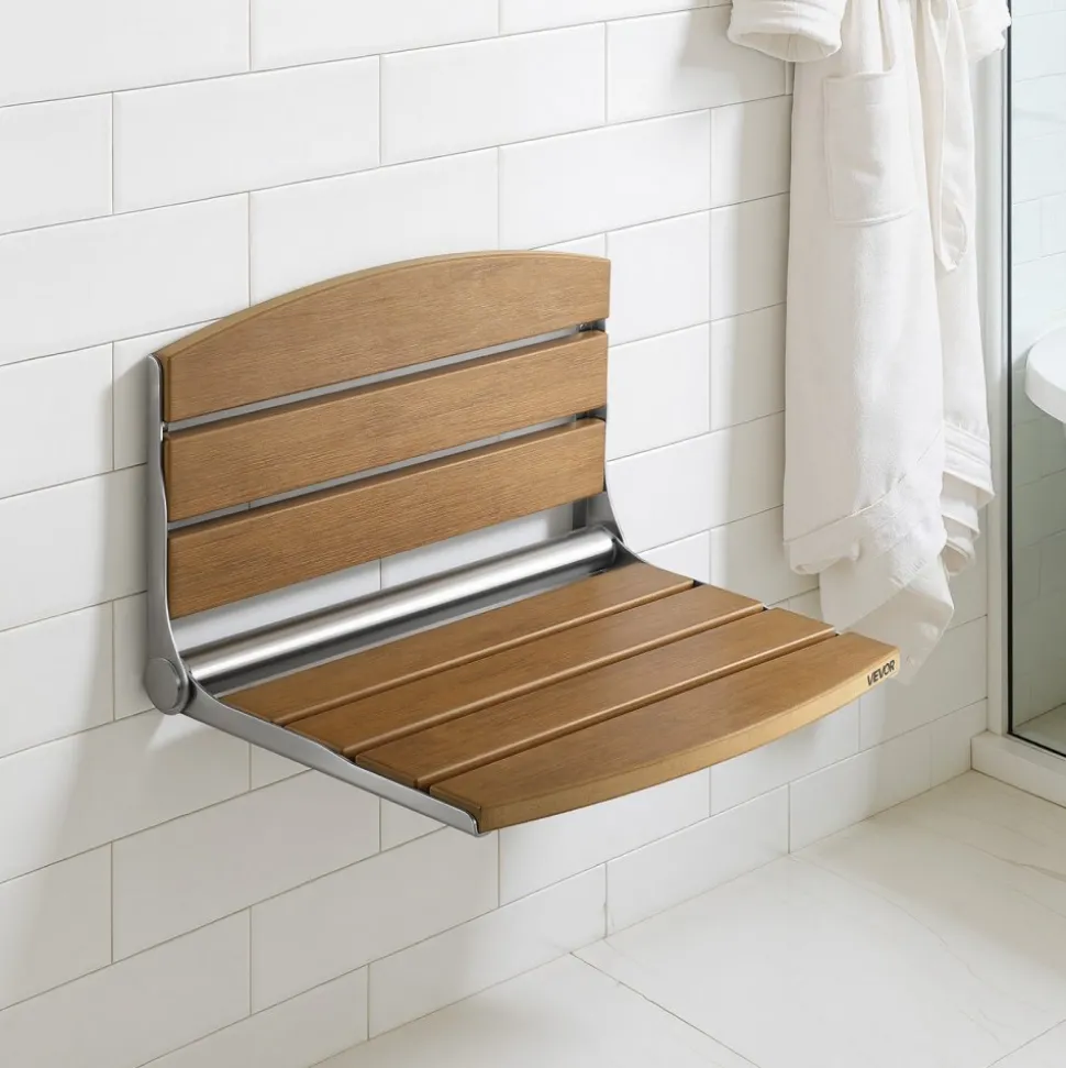 VEVOR Foldable Shower Seat Wall Mounted, 17.7" Folding Shower Bench with Supportive Backrest, Fold-Down Bathroom Corridor Seat with Stainless Steel Frame for Adults Seniors, 400LBS Loading