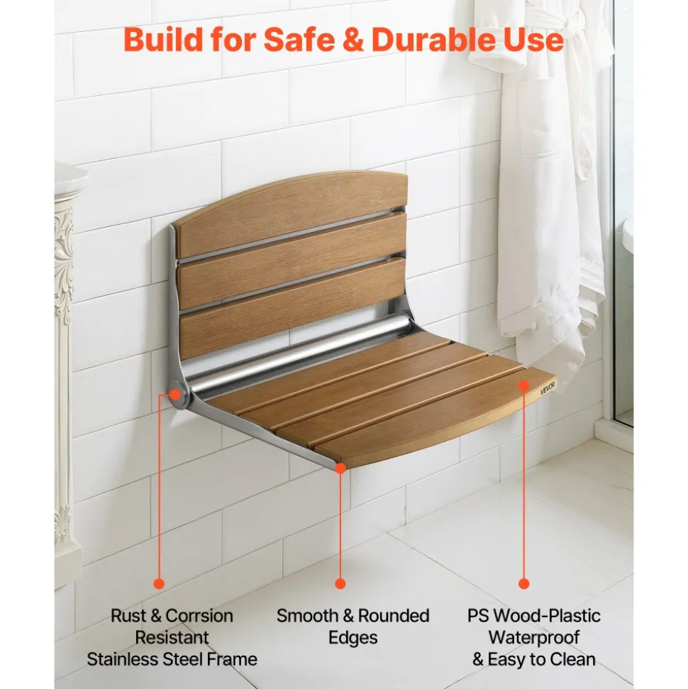 VEVOR Foldable Shower Seat Wall Mounted, 17.7" Folding Shower Bench with Supportive Backrest, Fold-Down Bathroom Corridor Seat with Stainless Steel Frame for Adults Seniors, 400LBS Loading