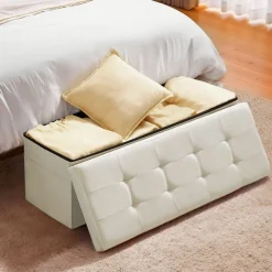VEVOR Foldable Storage Ottoman Bench, End of Bed Bench with Side Bags, Folding Upholstered Storage Chest Supports 660 lbs, Linen Bed Ottoman with Large Space for Living Room, Bedroom, Entryway, Beige