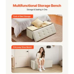 VEVOR Foldable Storage Ottoman Bench, End of Bed Bench with Side Bags, Folding Upholstered Storage Chest Supports 660 lbs, Linen Bed Ottoman with Large Space for Living Room, Bedroom, Entryway, Beige
