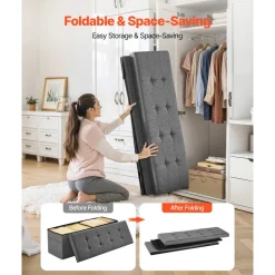 VEVOR Foldable Storage Ottoman Bench, End of Bed Bench with Side Bags, Folding Upholstered Storage Chest Supports 660 lbs, Linen Bed Ottoman with Large Space for Living Room, Bedroom, Entryway, Grey