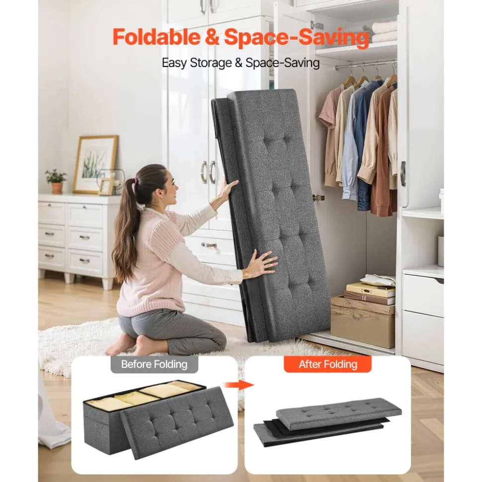 VEVOR Foldable Storage Ottoman Bench, End of Bed Bench with Side Bags, Folding Upholstered Storage Chest Supports 660 lbs, Linen Bed Ottoman with Large Space for Living Room, Bedroom, Entryway, Grey