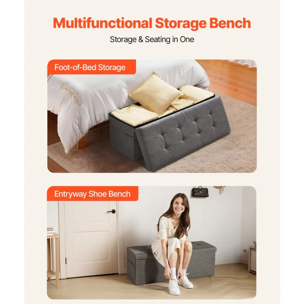 VEVOR Foldable Storage Ottoman Bench, End of Bed Bench with Side Bags, Folding Upholstered Storage Chest Supports 660 lbs, Linen Bed Ottoman with Large Space for Living Room, Bedroom, Entryway, Grey