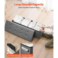VEVOR Foldable Storage Ottoman Bench, End of Bed Bench with Side Bags, Folding Upholstered Storage Chest Supports 660 lbs, Linen Bed Ottoman with Large Space for Living Room, Bedroom, Entryway, Grey