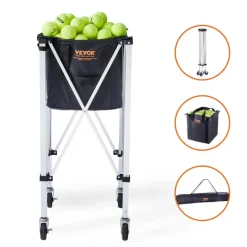 VEVOR Foldable Tennis Ball Hopper, Holds 180 Tennis Balls, Lightweight Aluminum Alloy Tennis Ball Basket Cart with Wheels, Removable Bag, Carry Bag, Portable Sports Teaching Cart for Tennis Player