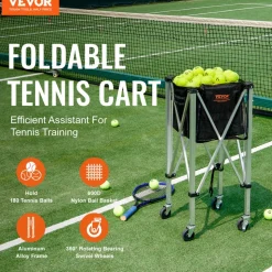 VEVOR Foldable Tennis Ball Hopper, Holds 180 Tennis Balls, Lightweight Aluminum Alloy Tennis Ball Basket Cart with Wheels, Removable Bag, Carry Bag, Portable Sports Teaching Cart for Tennis Player