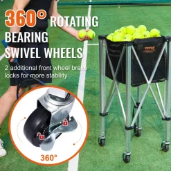 VEVOR Foldable Tennis Ball Hopper, Holds 180 Tennis Balls, Lightweight Aluminum Alloy Tennis Ball Basket Cart with Wheels, Removable Bag, Carry Bag, Portable Sports Teaching Cart for Tennis Player